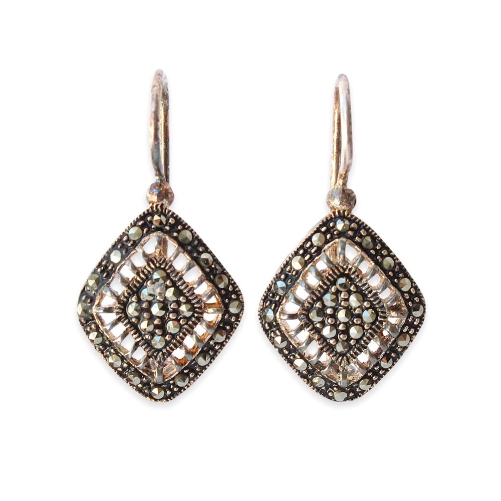 Marcasite Sterling Silver Drop Earrings Diamond Shape Kidney Wire Estate